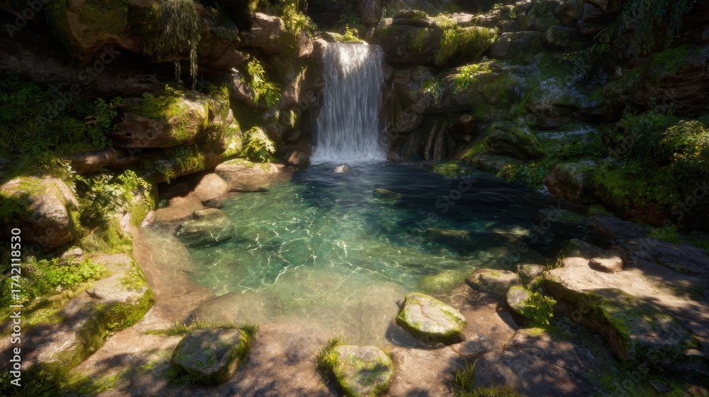 Fototapeta premium Discover serene tranquility with a calming waterfall flowing into a crystal clear pool, perfect for meditation and relaxation with lush greenery