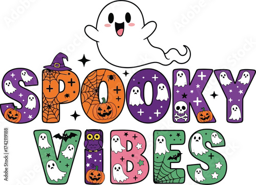 Spooky vibes halloween design with ghost and pumpkin elements editable stock