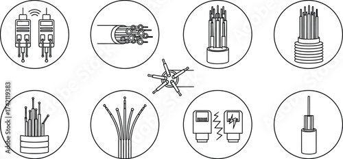 Fiber optic cable types and connectors vector line illustration editable stock