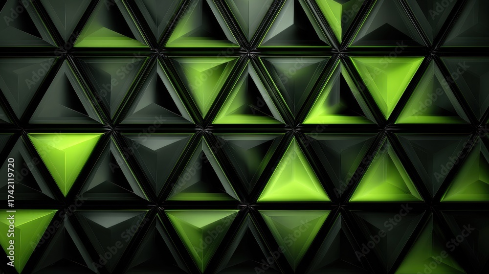 Obraz premium Stunning abstract background featuring vibrant green triangles and sleek black geometric shapes for modern designs and technology visuals