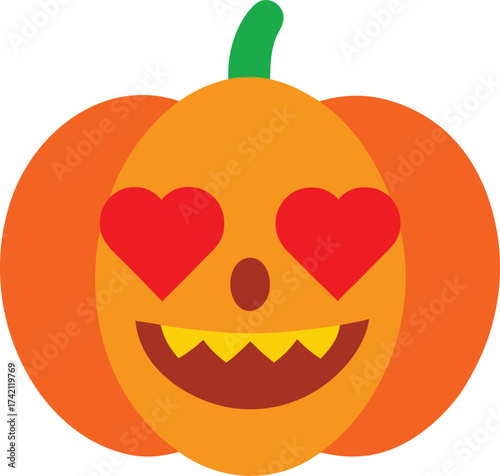 Orange Halloween pumpkin with heart eyes and jagged yellow teeth
