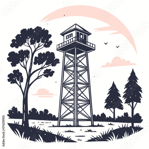 Vector art of a captivating vector illustration depicts a vintage fire lookout tower amidst a tranquil forest landscape, evoking a sense of nostalgia and adventure