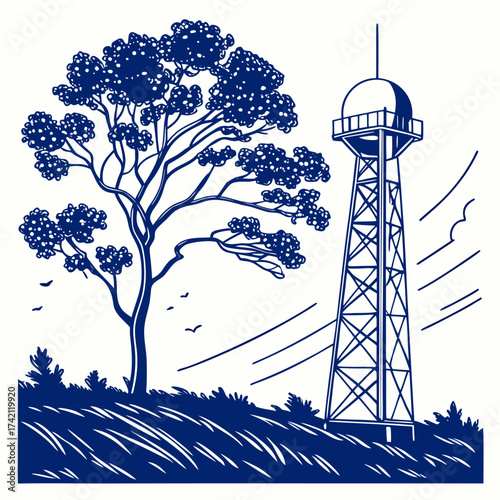 Vector art of a vintage illustration of a weather station tower and a tree in a field, showcasing classic design and natural elements