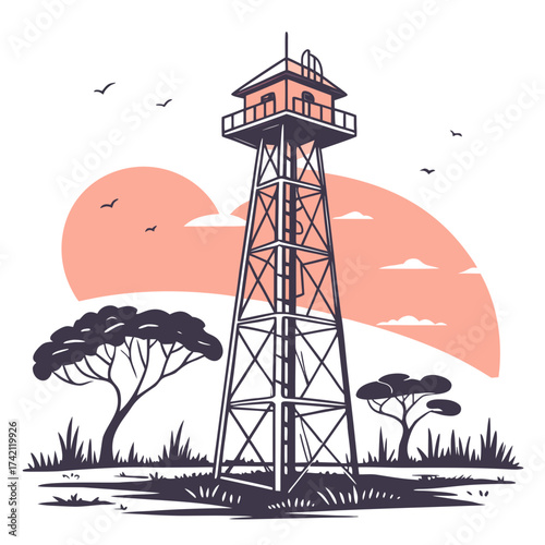 Vector art of a captivating vector illustration showcases a vintage fire lookout tower amidst a serene african savanna landscape, evoking a sense of adventure