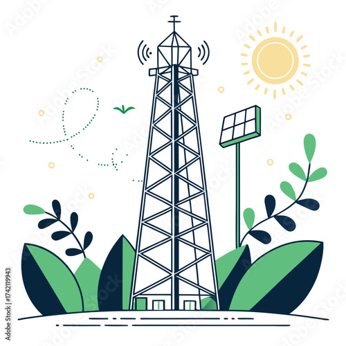 Vector art of a communication tower stands tall amidst greenery, powered by a solar panel, under a bright sun, with a bird flying nearby, showcasing sustainable technology and connectivity