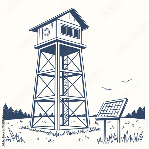 Illustration of a fire lookout tower with a solar panel in a field, showcasing a blend of nature and technology, a serene scene with birds flying above