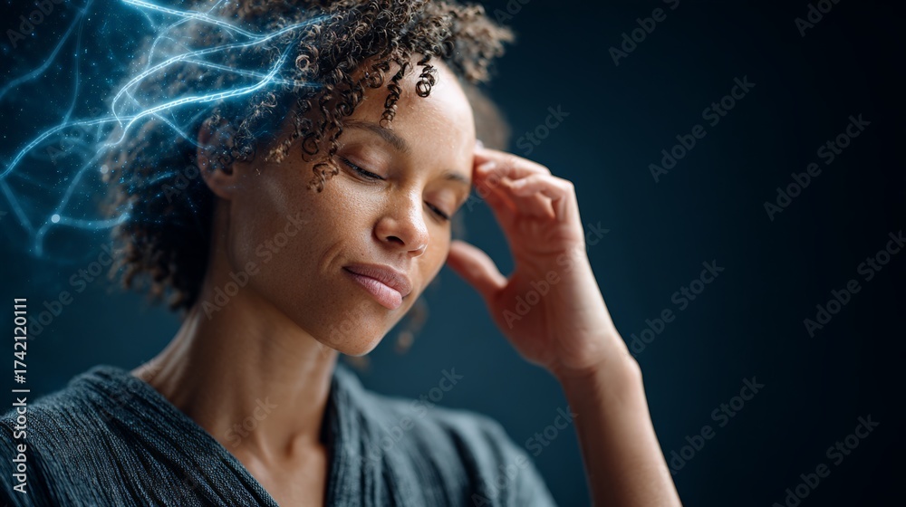 Obraz premium Neural network visualization showing energy waves emanating from young woman's closed eyes, touching temple, representing deep cognitive connection with artificial intelligence