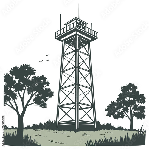 Illustration of a fire lookout tower on a hill with trees and grass, the tower is a lattice structure with a cabin on top