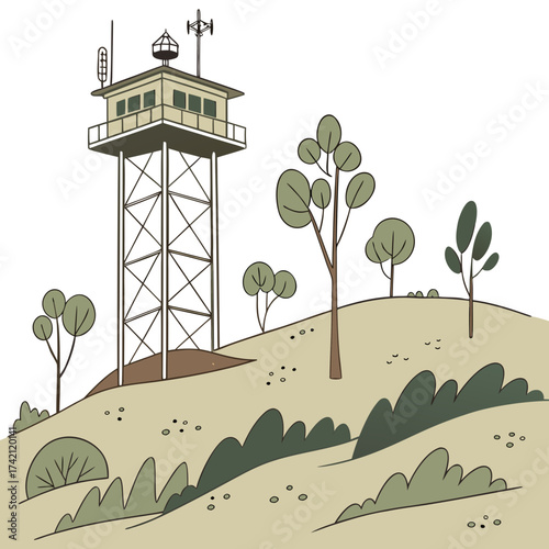 Vector art of a charming cartoon illustration showcases a fire lookout tower nestled on a hill, complete with trees and bushes, rendered in a delightful, whimsical style