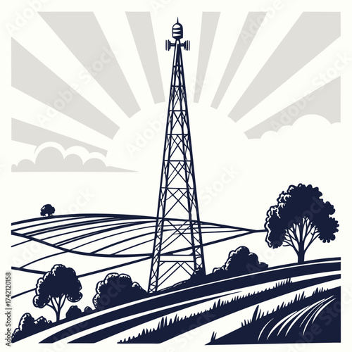 Vector art of a captivating communication tower scene showcases a tall structure amidst rolling fields, framed by trees and clouds, with sun rays emanating from above, all in a handdrawn style