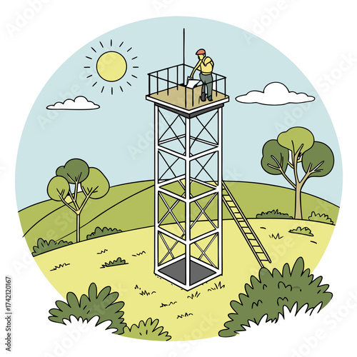 Illustration of a forest ranger in a fire lookout tower, observing the landscape for signs of wildfires, with trees, sun, and clouds in the background, set in a circular frame
