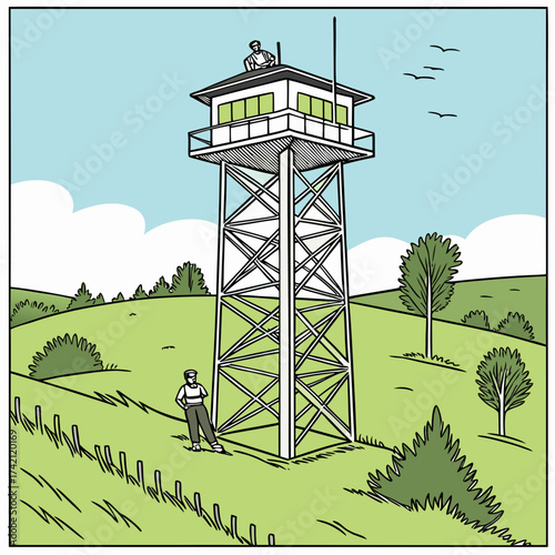 Vector art of a vibrant cartoon illustration showcases a fire lookout tower nestled in a lush green landscape, complete with trees, bushes, and people, rendered in a playful, colorful style