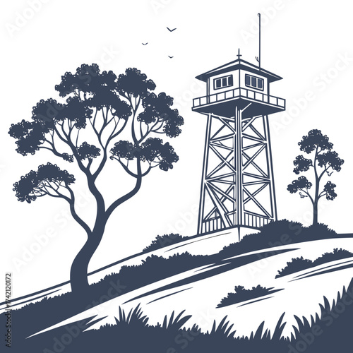 Vector art of a striking monochrome illustration depicts a fire lookout tower standing tall on a hill, surrounded by trees and foliage, rendered in a classic, vintage style
