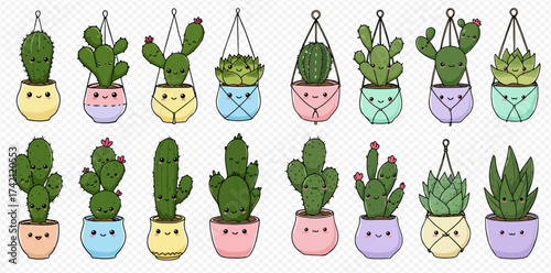 Collection of cute cartoon cacti and succulents in colorful pots and macrame hangers.