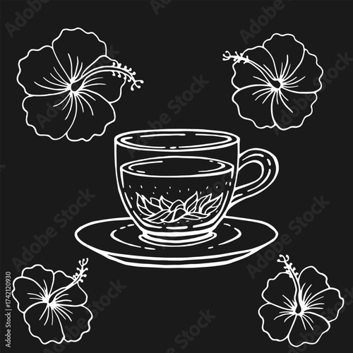 Glass cup of tea, hibiscus. Hand drawn vector illustration in outline style.