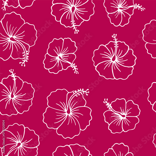 Seamless pattern with hibiscus flower. Hand drawn vector illustration.