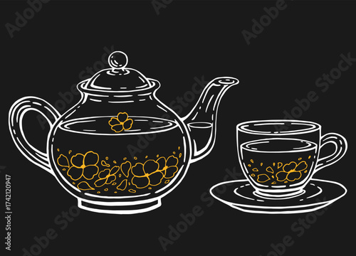 Tea set with healthy green tea, jasmine. Teapot and cup. Hand drawn vector illustration in outline style.