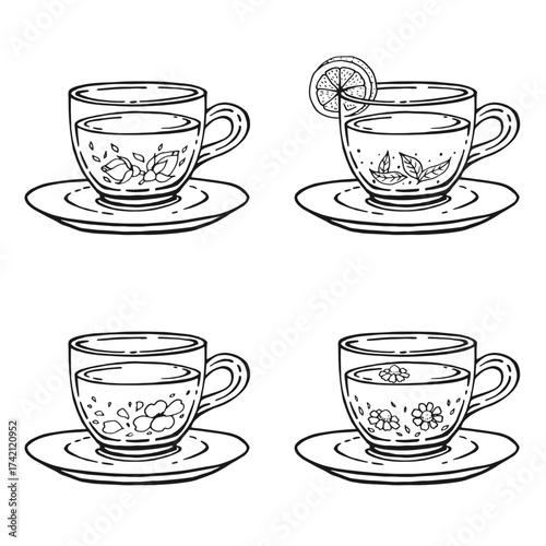 Set glass mugs of tea and saucer. Medicinal tea. Hand drawn vector illustration.