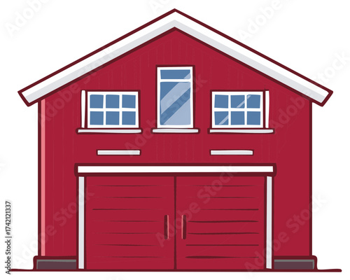 Cartoon Illustration of a Red Wooden Barn with Double Doors and Windows