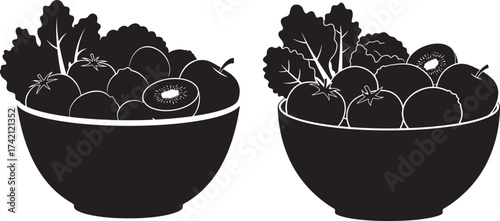 Two bowls of fruit and greens silhouette