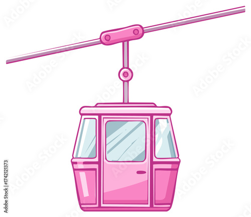 Illustration of a Pink Cable Car Cabin Ascending in the Air, Mountain Transport and Tourism, Fun Cartoon