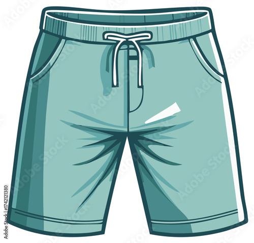 Cartoon illustration of blue shorts, drawstring and pockets.