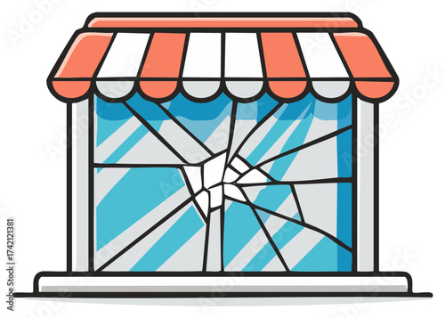 Cartoon illustration of a broken window with an awning above