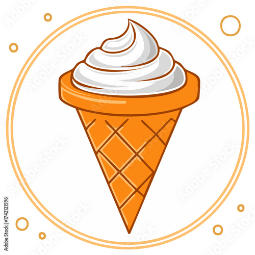 Illustration of a vanilla soft serve ice cream cone in a waffle cone with orange accents
