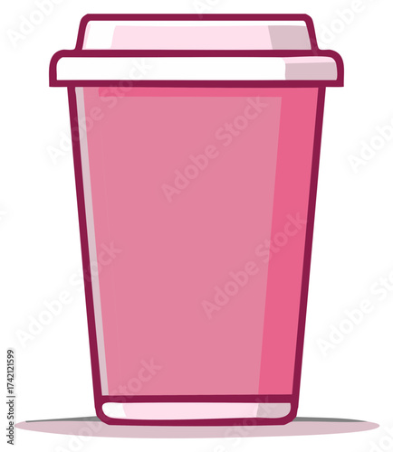 Pink disposable cup with lid. Takeaway beverage container with flat style design.