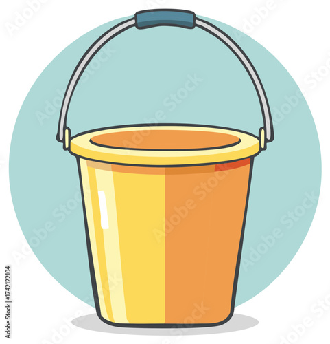 Cartoon illustration of a yellow plastic bucket with a metal handle for household chores