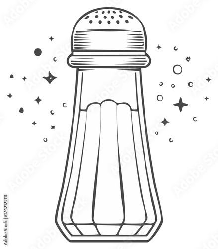 Retro salt and pepper shaker line art drawing, seasoning sprinkle, cooking condiment graphic
