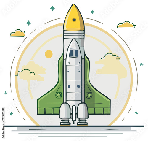 Illustrative Rocket Launching with Clouds and Stars Space Exploration and Travel Concept