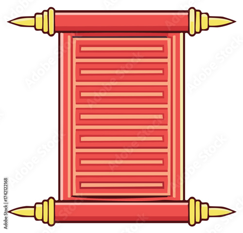 Vibrant red unrolled ancient scroll with golden decorative tips and abstract pattern illustration