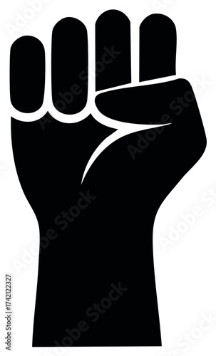 Solid black clenched fist raised in defiance and protest symbol graphic