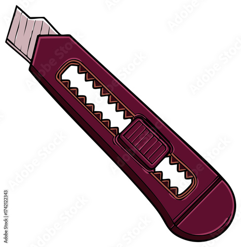 Utility knife illustration with retractable blade and dark red handle