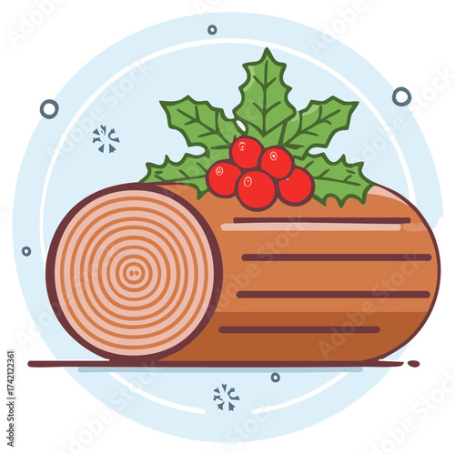 Yule Log Christmas cake with holly and berries vector illustration