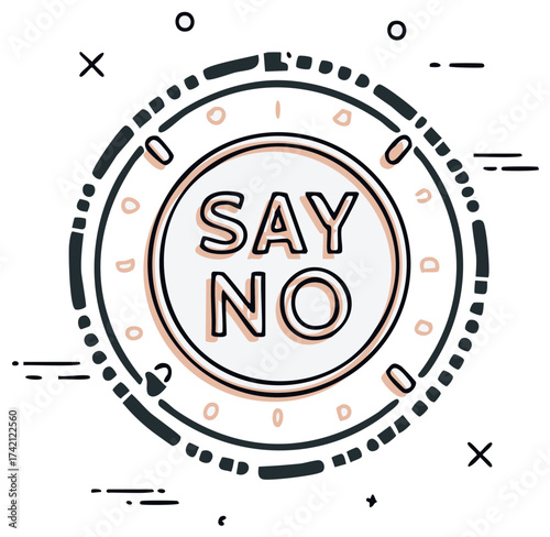 Creative Say No text in a doodle line art circle icon for rejection and limits