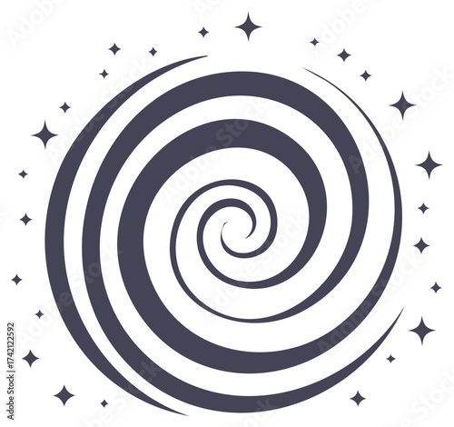Abstract spiral design with orbiting stars, simple cosmic concept, elegant lines