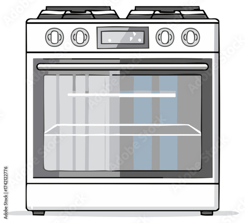 Modern white freestanding gas oven and stove with a clear glass door and digital display