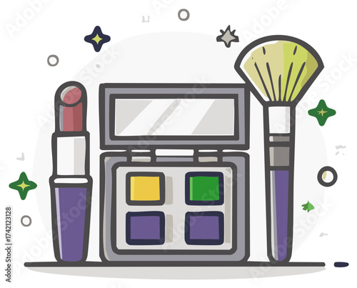 Cosmetics set illustration with lipstick, eye shadow palette, and makeup brush