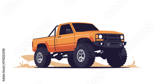 Orange Off-Road Truck with Oversized Tires and Roll Bar.