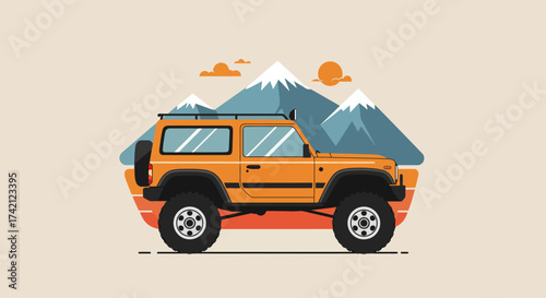 Illustrated Orange Off-Road Vehicle with Mountain Backdrop.