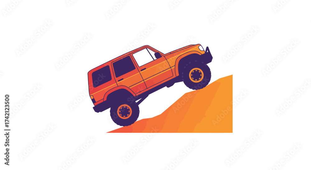 Fototapeta premium Orange SUV Climbing a Hill Illustration.