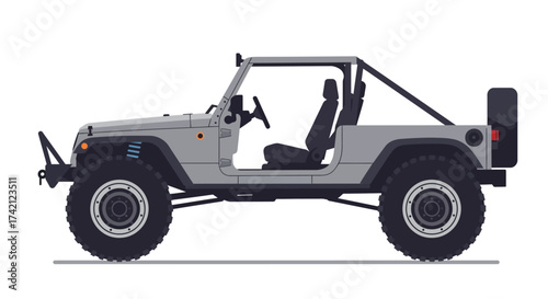 Gray Off-Road Vehicle with Oversized Tires and Roll Cage Design.