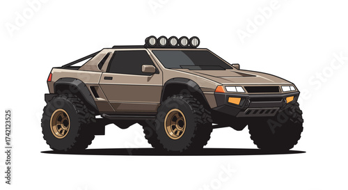 Cartoon Illustration of a Modified Off-Road Vehicle with Large Tires.