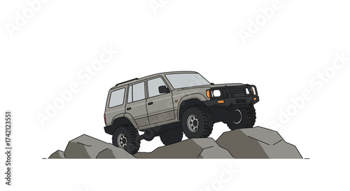 Gray SUV Climbing Over Rocks Illustration.