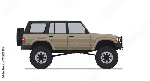 Illustration of a Beige Off-Road Vehicle with Oversized Tires and Spare Tire.