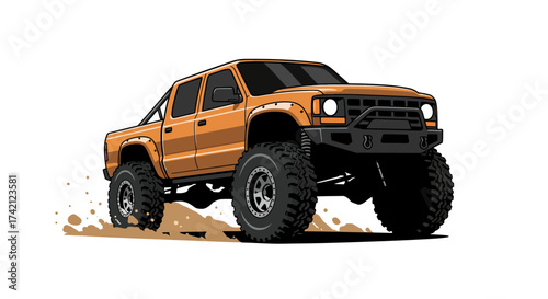 Orange Off-Road Truck with Oversized Tires and Black Roll Bar.