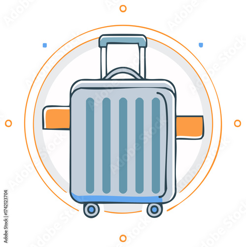 Illustrated luggage with wheels and retractable handle inside a circular frame