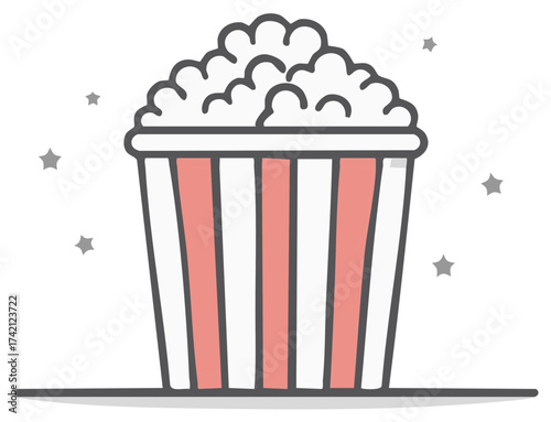 Red and white striped popcorn bucket overflowing with fluffy popcorn and small stars
